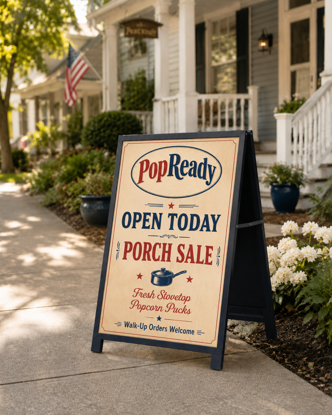 PopReady open today porch sale A-frame sign