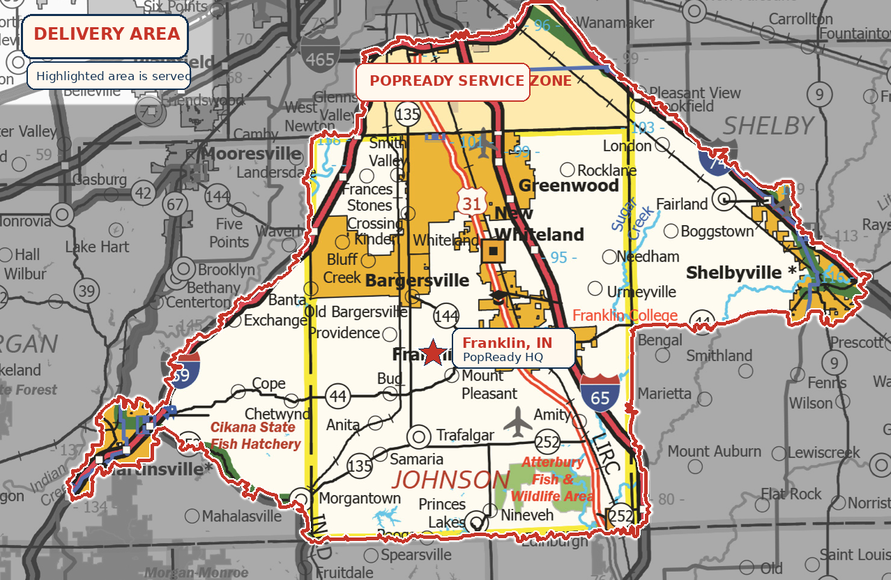 Regional road map showing the PopReady delivery area with a red star marking Franklin, Indiana.