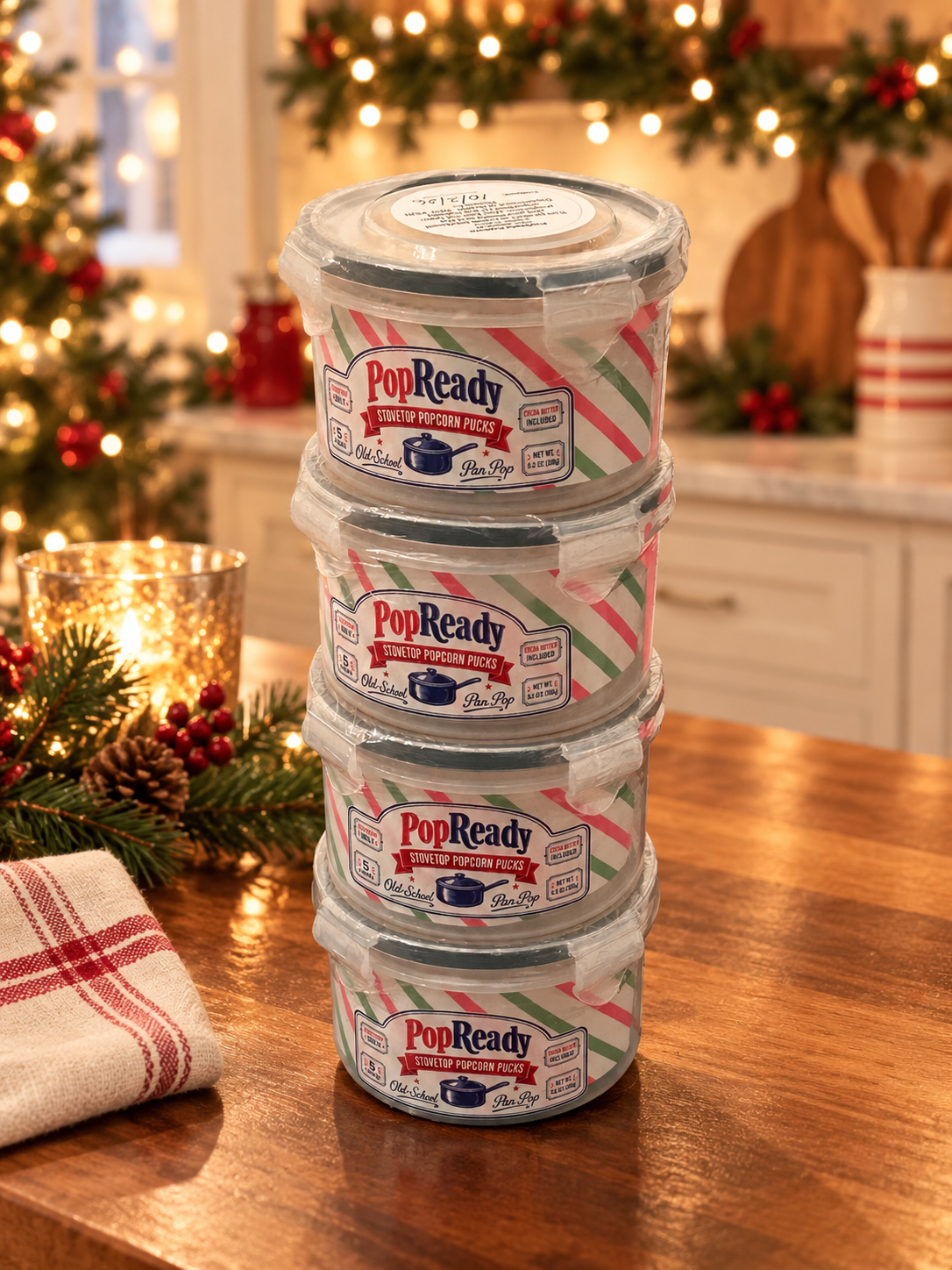 Stack of PopReady tubs on a holiday kitchen table