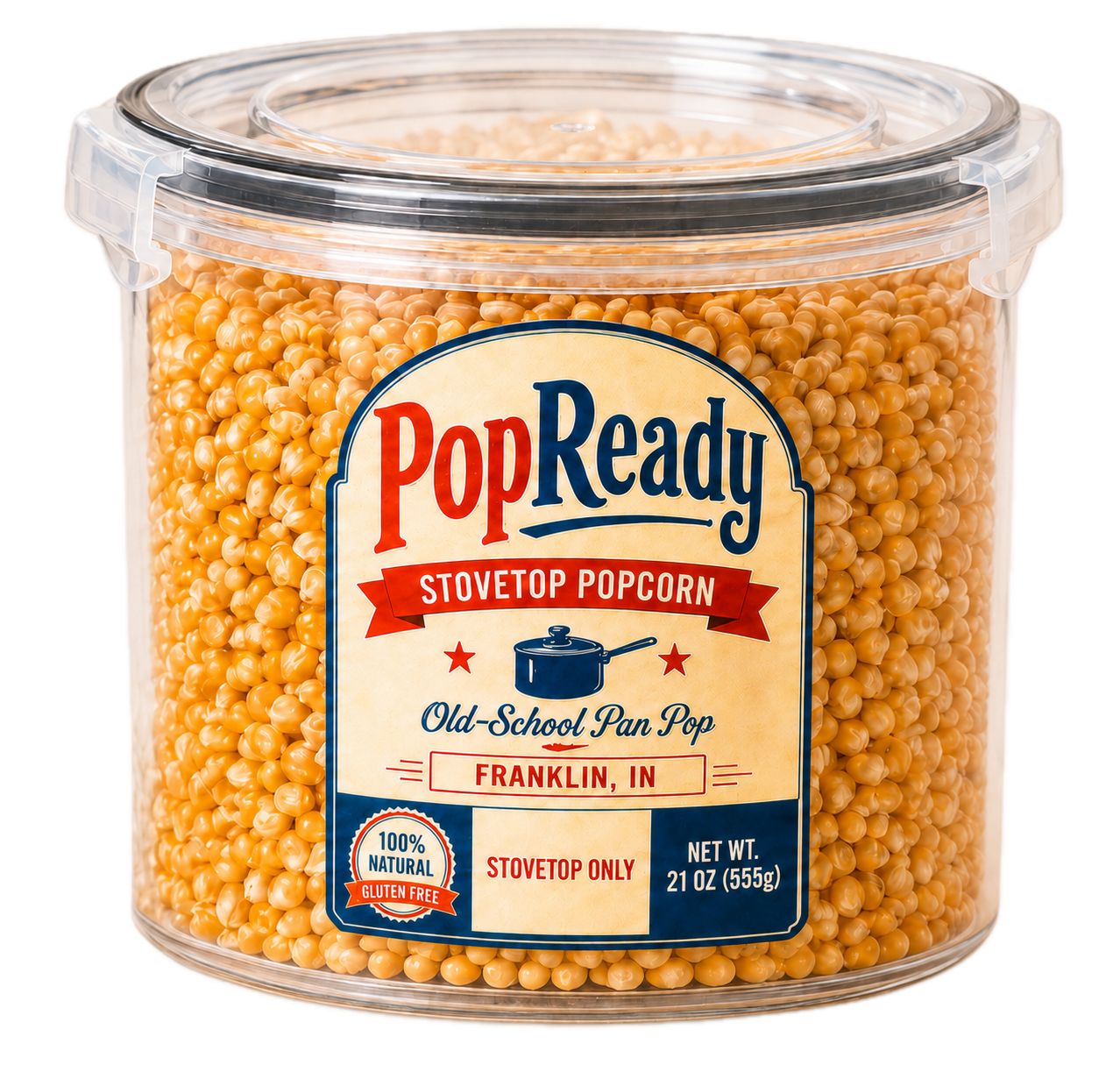 PopReady snap-lid container filled with popcorn kernels