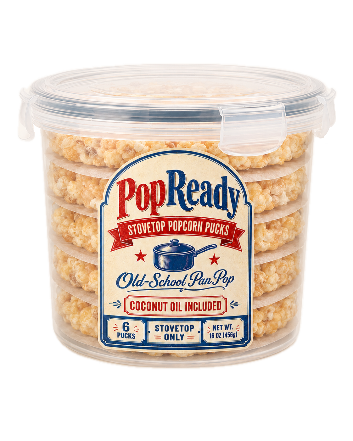PopReady snap-lid container with stacked popcorn pucks