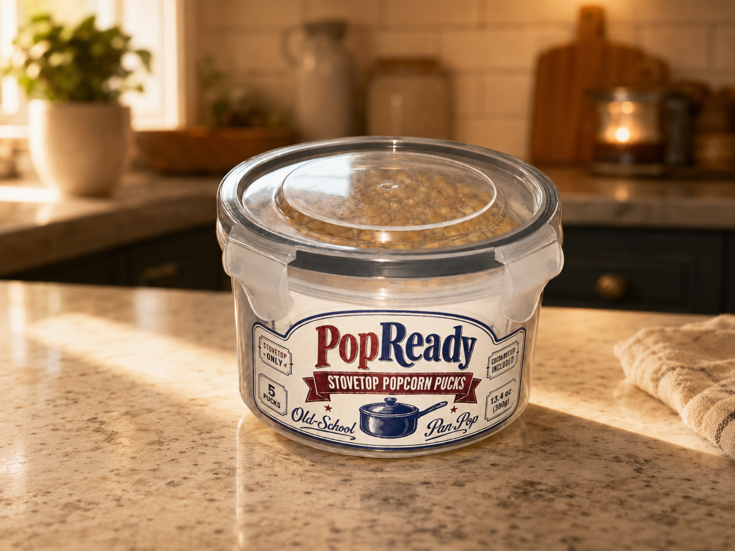PopReady ship-ready 5-puck container on a warm kitchen counter