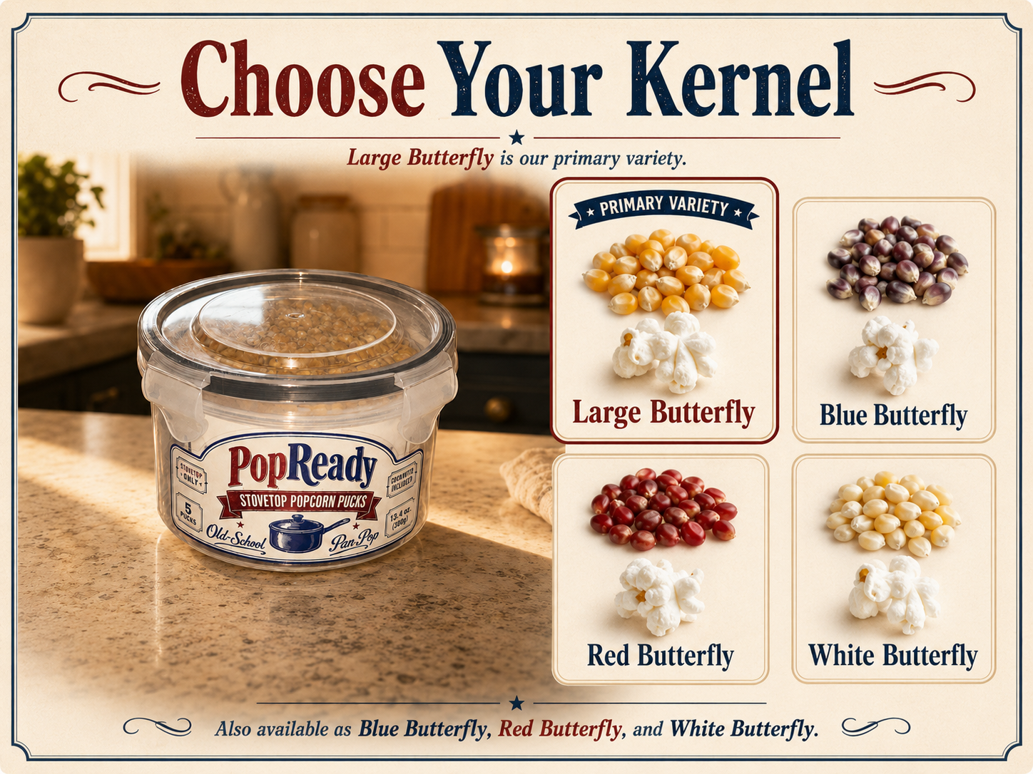 PopReady popcorn varieties infographic circling the snap-lid product container